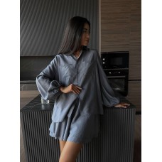 Легкий костюм (рубашка с пышными рукавами+широкие шорты) серо-сиреневый