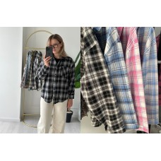 Рубашка с длинным рукавом из коттона в клетку розовый+белый