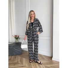 Летний женский костюм: рубашка-кимоно с поясом+свободные брюки черный