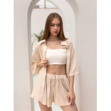 Летний льняной костюм (рубашка с коротким рукавом+шорты свободного кроя) бежевый