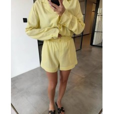 Легкий льняной костюм (шорты + рубашка с длинным рукавом) желтый
