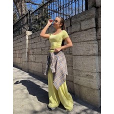 Костюм Топ с вырезом + длинные широкие штаны палаццо с карманами лимон