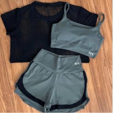 Летний костюм тройка (футболка сетка+топ+двойные шортики) графит