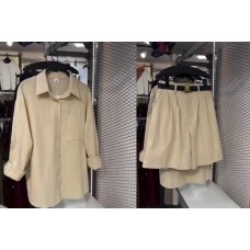 Льняной костюм (шорты свободного кроя+рубашка с длинным рукавом) бежевый