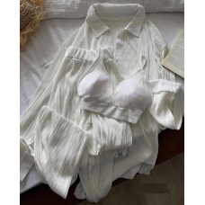 Костюм из ткани гофре свободного кроя (рубашка+брюки+топ) белый