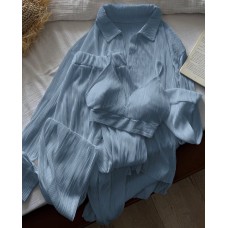 Костюм из ткани гофре свободного кроя (рубашка+брюки+топ) голубой