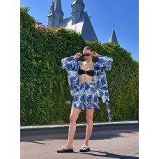 Летний костюм (кимоно с поясом+шорты) яркий принт синий