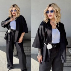 Женственный костюм в сдержанную полоску (свободного кроя брюки+рубашка) черный