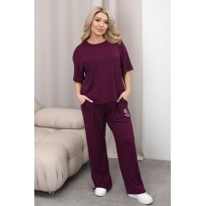 Прогулочный костюм тройка: Брюки палаццо на кулиске+шорты+футболка OVER с накатом бордо