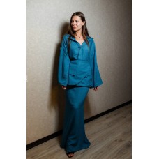 Многослойный костюм (юбка длиной макси+рубашка с пышными рукавами+баска) синий