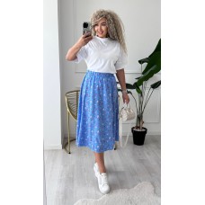 Летний костюм (шелковистая юбка в цветочный принт+белая футболка) голубой