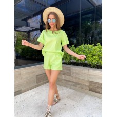 Легкий льняной костюм (кофточка+шорты) трава