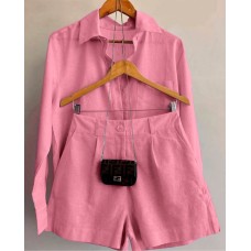 Женский костюм: рубашка с воротником+шорты (лен) розовый