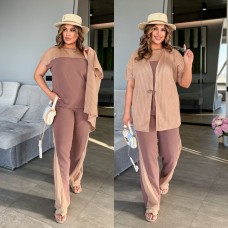 Летний костюм-тройка с вязанными вставками (брюки прямого кроя+футболка+кардиган с поясом) мокко