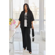 Прогулочный костюм: Рубашка+футболка с сублимацией и брюки палаццо черный