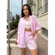 Летний костюм с муслина: рубашка со спущенным рукавом+шорты с поясом на резинке розовый
