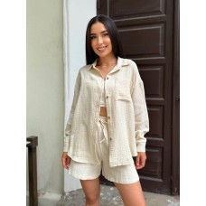 Летний костюм с муслина: рубашка со спущенным рукавом+шорты с поясом на резинке бежевый