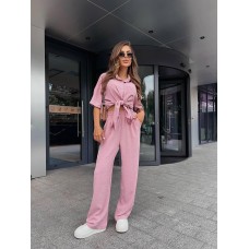 Женский легкий костюм: Рубашка на пуговицах с коротким рукавом+Брюки с карманами пудра