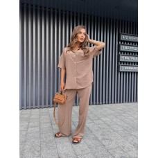 Женский легкий костюм: Рубашка на пуговицах с коротким рукавом+Брюки с карманами мокко