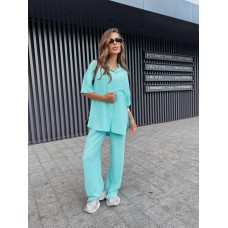 Женский легкий костюм: Рубашка на пуговицах с коротким рукавом+Брюки с карманами тиффани