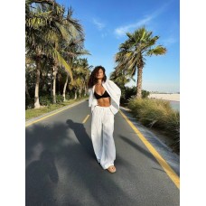 Льняной брючный костюм (брюки свободного кроя+рубашка с длинным рукавом) белый