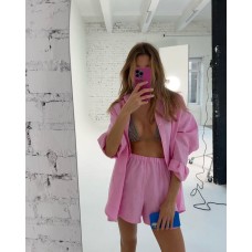Льняной костюм свободного кроя (шорты+рубашка удлиненная) розовый