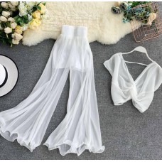 Полупрозрачный легкий костюм с топа и брюки белый