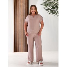 Женский льняной костюм жатка - футболка+штаны бежевый