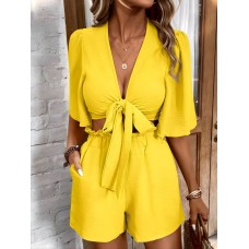 Костюм летний (топ укороченный с пышными рукавами+шорты с карманами) желтый