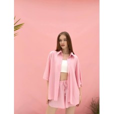 Льняной костюм свободного кроя (шорты+рубашка) розовый