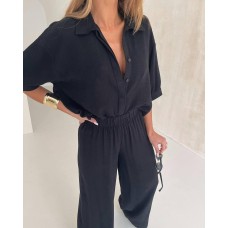 Элегантный Костюм из льна: рубашка на пуговицах+широкие штаны черный