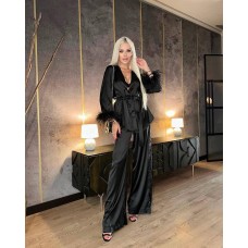 Костюм из шелка с натуральными перьями боа (рубашка+брюки) черный