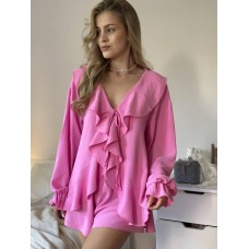 Легкий костюм кофточка свободного кроя+шорты с карманами розовый