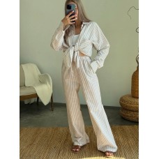 Льняной костюм на каждый день в пижамном стиле (рубашка+брюки) принт полоска бежевый