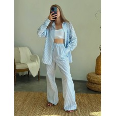 Льняной костюм на каждый день в пижамном стиле (рубашка+брюки) принт полоска голубой
