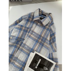 Льняная рубашка оверсайз в клетку голубой