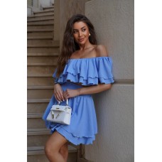 Женственный костюм (топ с воланами+двойная юбка длиной мини) голубой