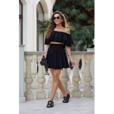 Женственный костюм (топ с воланами+двойная юбка длиной мини) черный