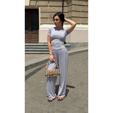 Трикотажный Костюм (топ+брюки палаццо высокая посадка) холодный серый