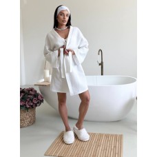 Халат кимоно из хлопка вафля на запах под пояс белый