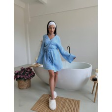 Халат кимоно из хлопка вафля на запах под пояс голубой