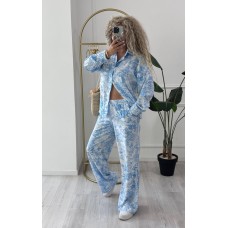 Шелковистый костюм (брюки палаццо+рубашка свободного кроя+на поясе шнурок) голубой