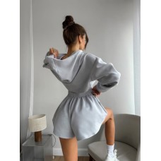 Замшевый комплект тройка (Корсет на молнии+шорты на резинке+накидка с капюшоном) серый