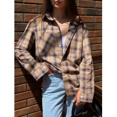 Яркая рубашка в клетку из легкой ткани бежевый+тонкая розовая полоска