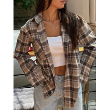 Яркая рубашка в клетку из легкой ткани шоколад+бежевый