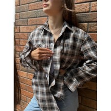 Яркая рубашка в клетку из легкой ткани графит+желтая полоска