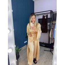 Шелковый Костюм тройка: длинное кимоно+топ+штаны лимон