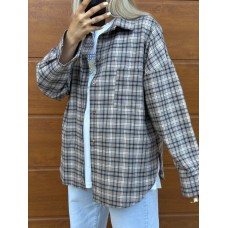 Рубашка с длинным рукавом в клетку оверсайз фланель серый с белой+-черной полосками