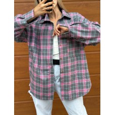 Рубашка с длинным рукавом в клетку оверсайз фланель серый с розовой полоской