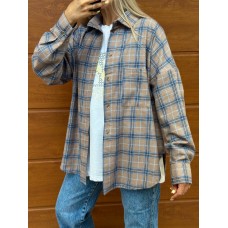 Рубашка с длинным рукавом в клетку оверсайз фланель бежевый с голубой полоской